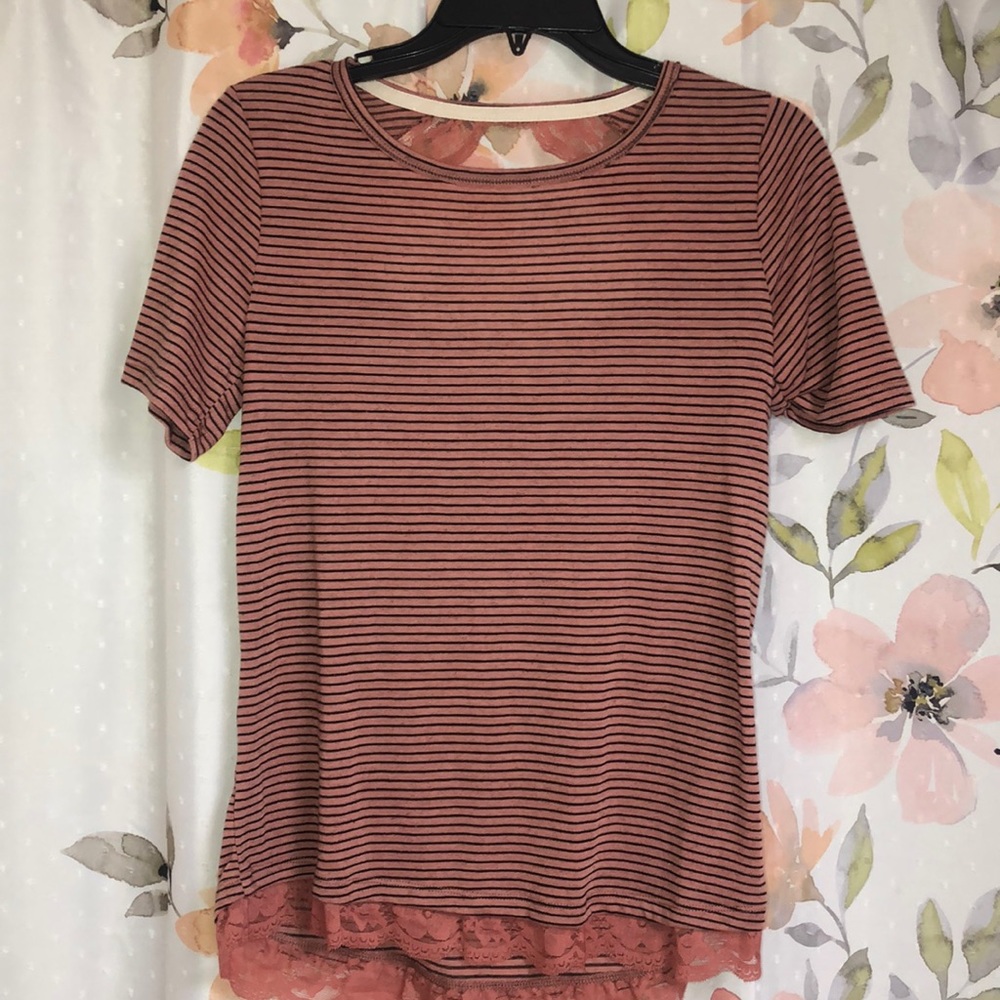 Pink and Black Striped Blouse with Lace